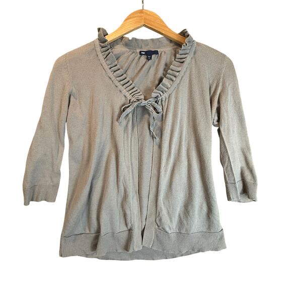 Gap Gray Cotton Cardigan Sweater Open Tie Neck Ruffle 3/4 Sleeve S Small Y2K - Picture 1 of 9